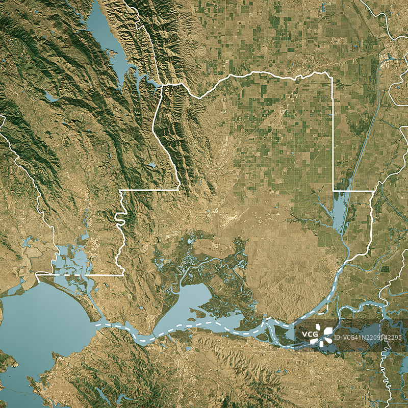索拉诺县加利福尼亚州卫星地形图3D渲染真实色彩边界图片素材