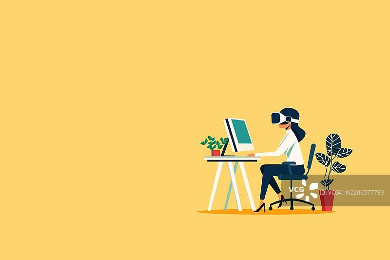 职业女性在现代办公室中使用虚拟现实眼镜进行虚拟沟通和数据分析的插图概念，展示了一位专业女性佩戴虚拟现实眼镜，与同事进行虚拟会议，同时在电脑上分析数据。图片素材