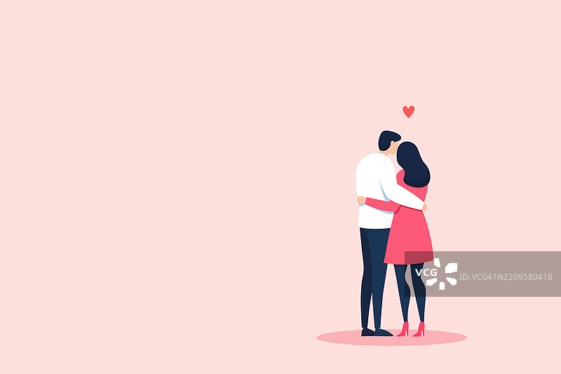 可爱的年轻情侣拥抱插图概念，展示了一对浪漫的情侣温暖而亲密地相拥，周围环绕着一个象征爱情、亲密和联系的心形。图片素材