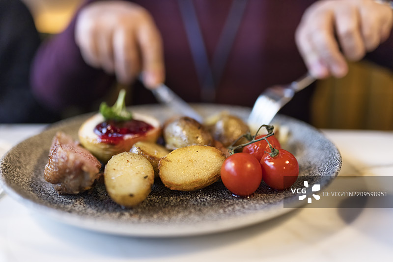 老年人正在享用烤土豆、肉类和樱桃番茄图片素材