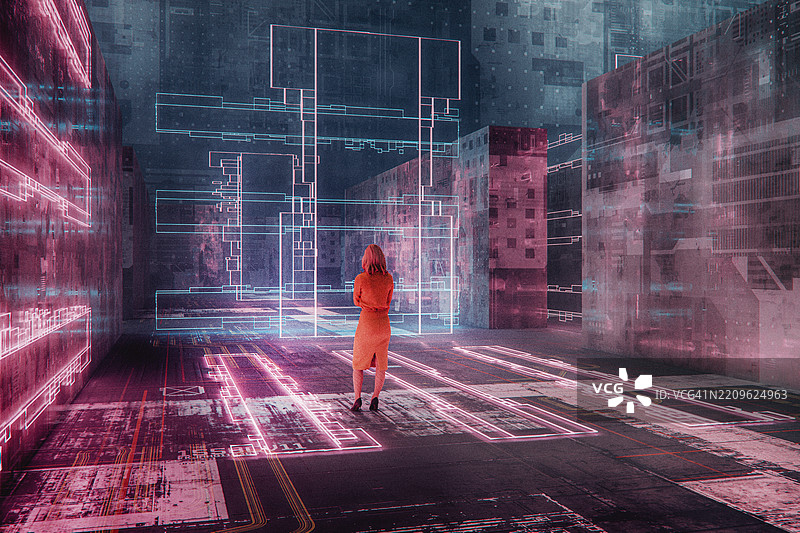女性站在虚拟现实环境中，面对限制区域图片素材