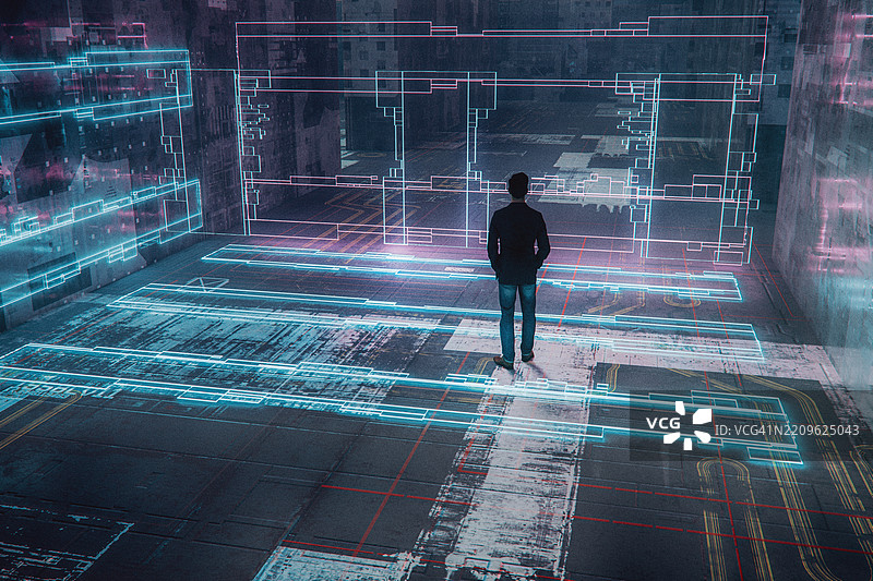 站在虚拟现实环境中的男子面对限制区域图片素材