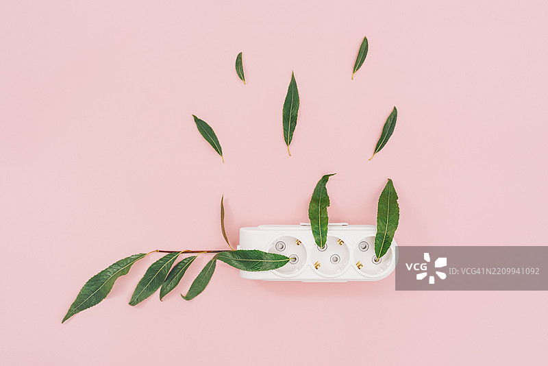粉色背景上的电源插座，绿色叶子象征着生态能源图片素材