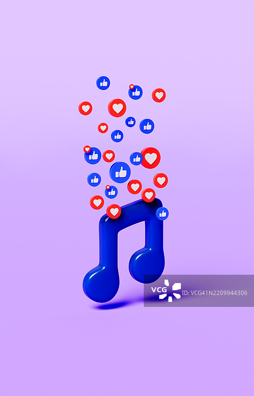 音乐符号与上升的社交媒体点赞图标和爱心 - 数字互动与音乐影响力图片素材