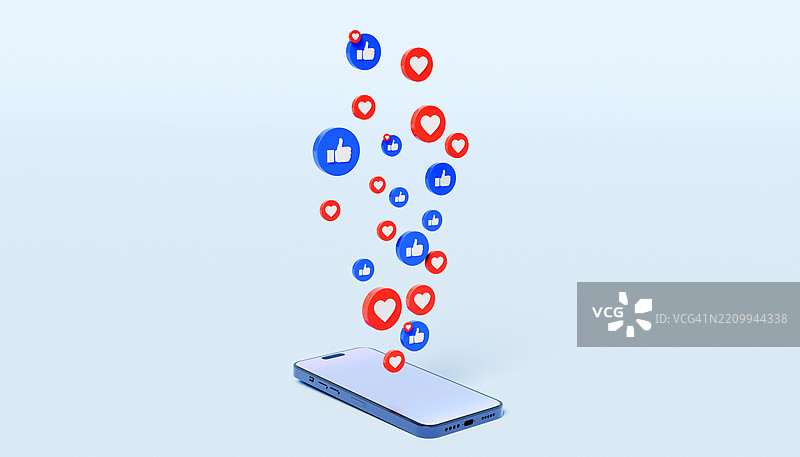 地面上的智能手机与悬浮的点赞和心形图标 - 持续的社交媒体互动图片素材