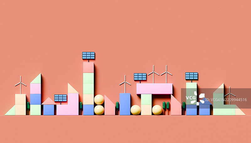 带有风力涡轮机和太阳能电池板的柔和色调智能城市设计图片素材