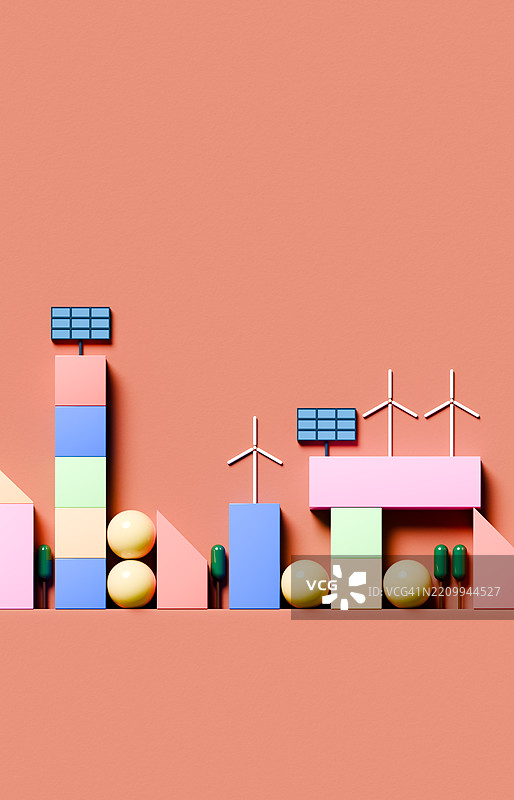 智能城市设计，包含几何形状、风力涡轮机和太阳能电池板图片素材