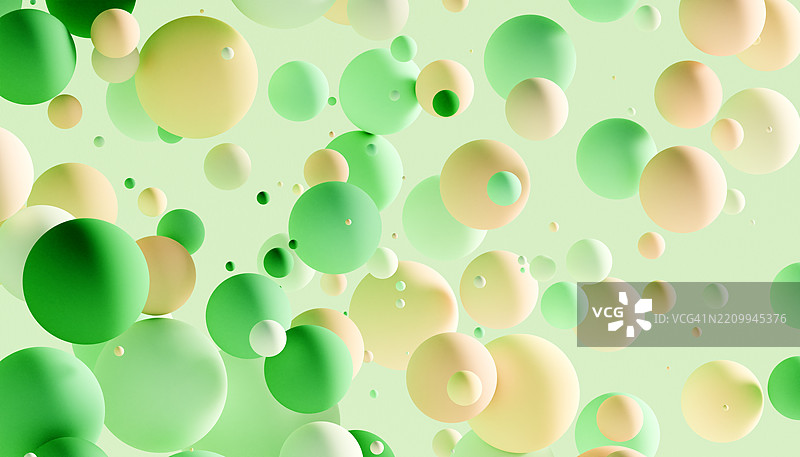 浮动的活力：和谐绿色背景上的绿色和黄色调的球体与圆圈图片素材