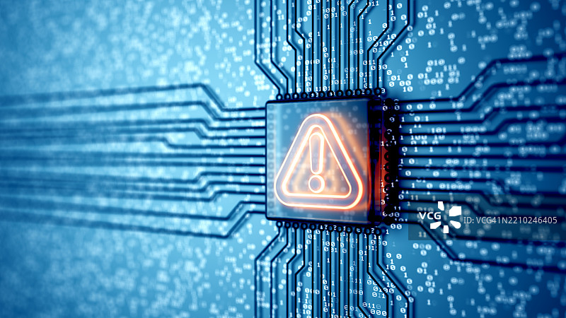 发光的警告符号位于计算机芯片内部，周围有数据线和二进制代码。系统警报、恶意软件或网络威胁。3D渲染。图片素材