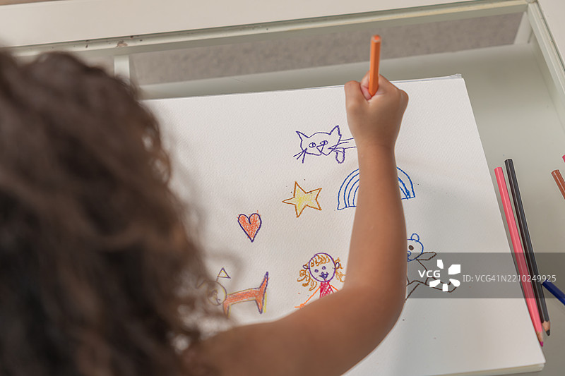 一幅色彩斑斓的画作描绘了一个儿童般的场景，画中有彩虹、猫、狗、泰迪熊，以及一个微笑的女孩，旁边标有她的名字，周围环绕着心形和星星，展现了童年的想象力、创造力和快乐的表达。图片素材