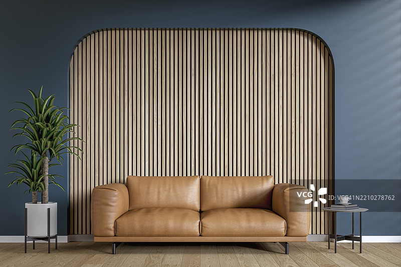 一个现代简约的客厅，温暖的棕色皮沙发与木条装饰墙相对，周围是拱形深蓝色背景和装饰，留有空白空间。图片素材