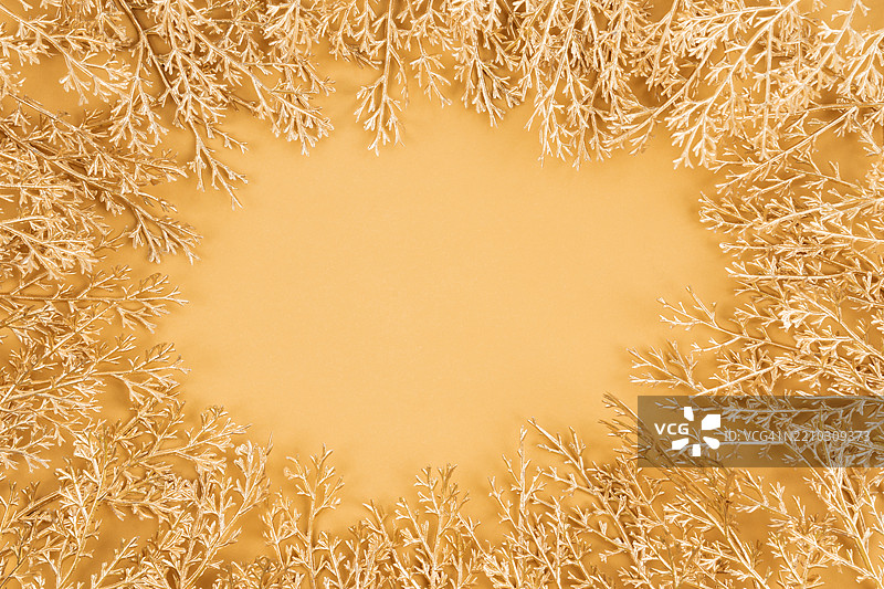 金色叶子纹理在棕色背景上。留有空白位置。图片素材