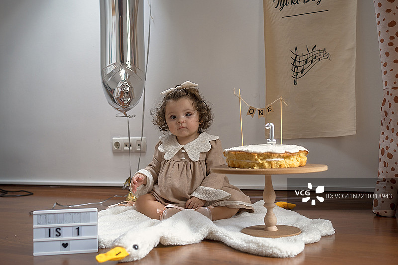 宝宝女孩的第一次生日庆祝活动与自制蛋糕图片素材
