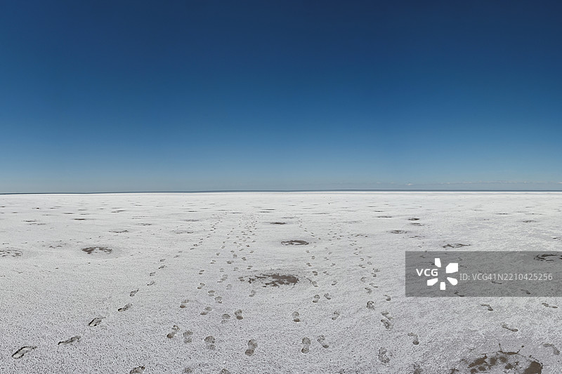 人类脚印通向埃尔顿湖的无尽地平线图片素材