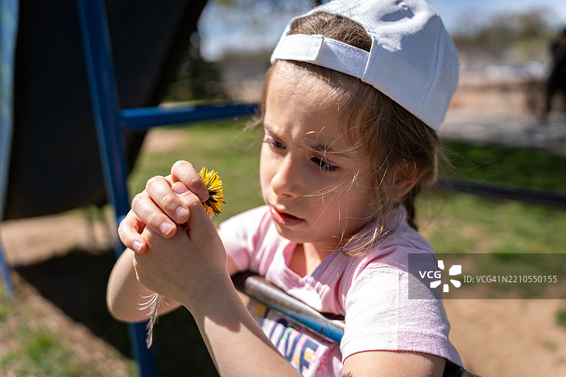 年轻女孩在户外手持蒲公英，戴着白色帽子图片素材