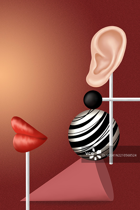 红色背景上耳朵、嘴唇和条纹球的抽象组合图片素材