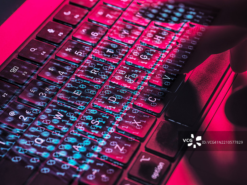 手部特写在笔记本电脑键盘上打字，配有霓虹灯光，代表网络安全和网络犯罪概念图片素材