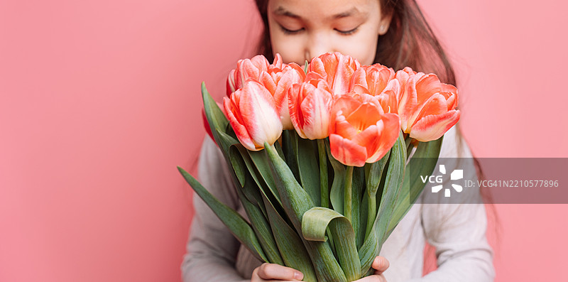 女孩在粉色背景下闭眼闻着一大束郁金香。图片素材