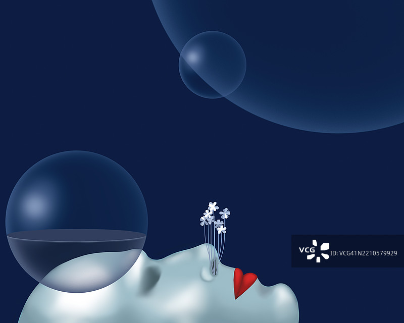 超现实抽象插图，描绘一个头部，周围有气泡和花朵，背景为蓝色。图片素材