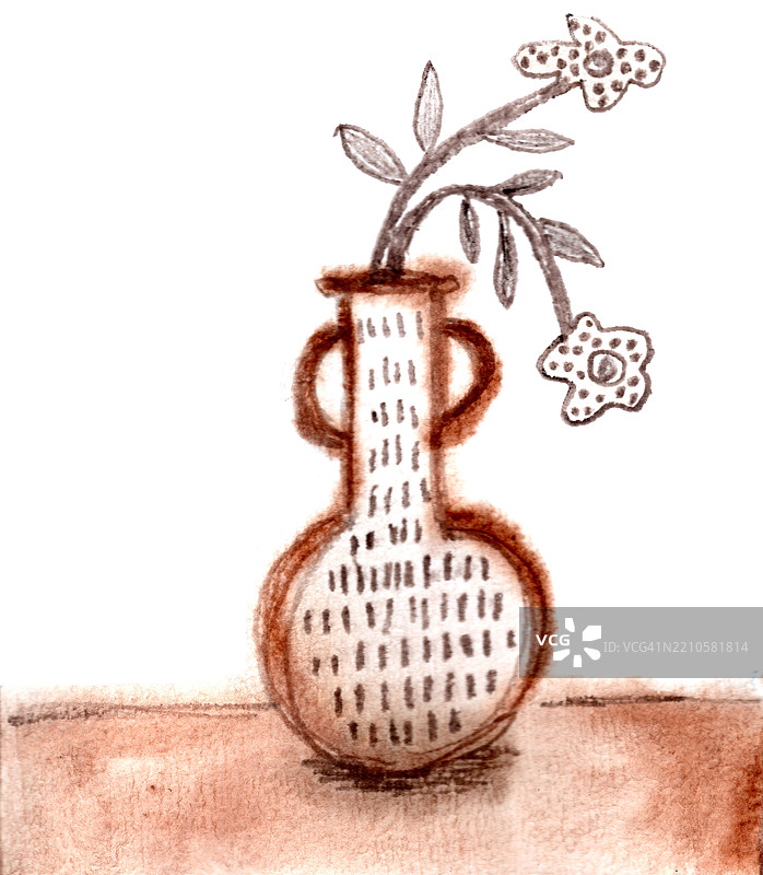 桌子上花瓶里的抽象棕色花卉水彩插图图片素材