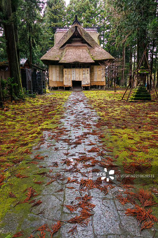 宏伟的主厅位于一片雪松森林中。它覆盖着由稻草和布料制成的雪盖,以保护木材免受雪的侵害。捐赠者的签名也写在上面。图片素材