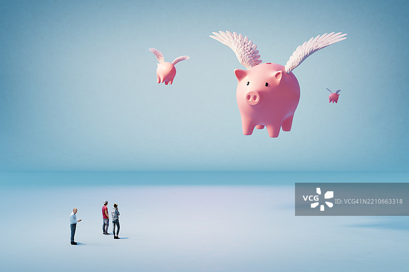 一小群人正在看着飞翔的储蓄罐——这是对失去储蓄和经济危机中不确定性的隐喻。图片素材