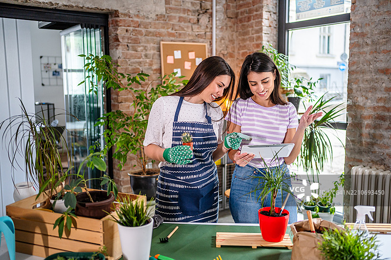 两位年轻女性在经营一家植物店，正在查看一台数字平板电脑。图片素材