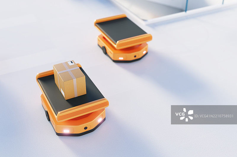 仓库中的自主机器人运输。仓库自动化AGV。图片素材