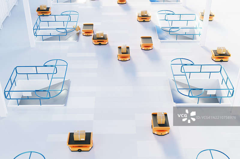 仓库中的自主机器人运输。仓库自动化AGV。图片素材