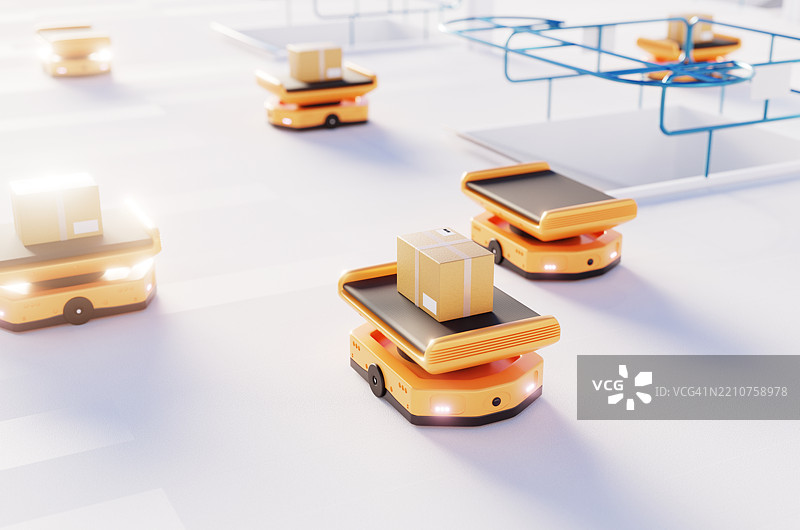 仓库中的自主机器人运输。仓库自动化AGV。图片素材