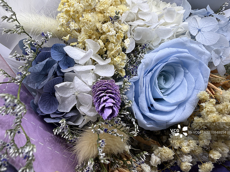 浅蓝色干玫瑰和野花的特写镜头图片素材