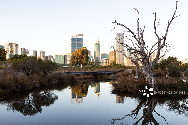 从米勒斯池塘俯瞰天鹅河日落的珀斯城市天际线图片素材