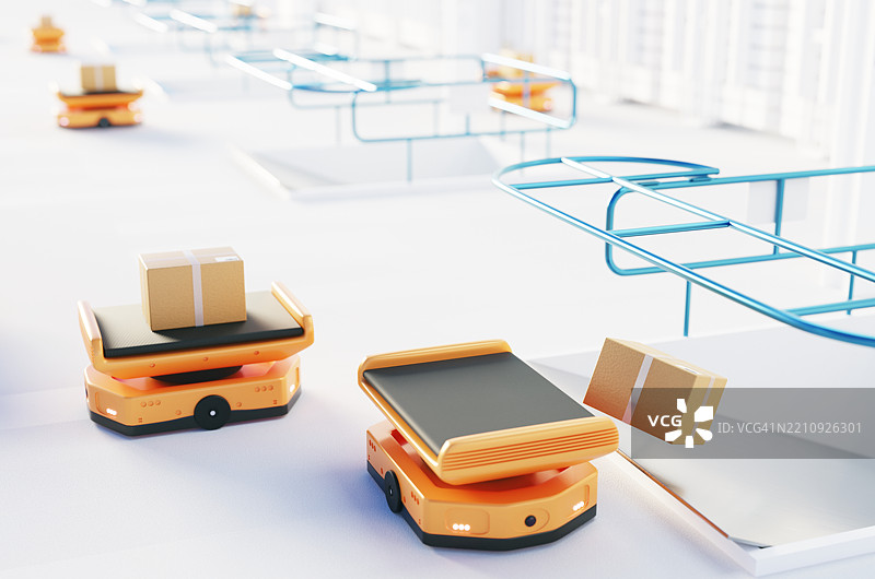 仓库中的自主机器人运输。仓库自动化AGV。图片素材