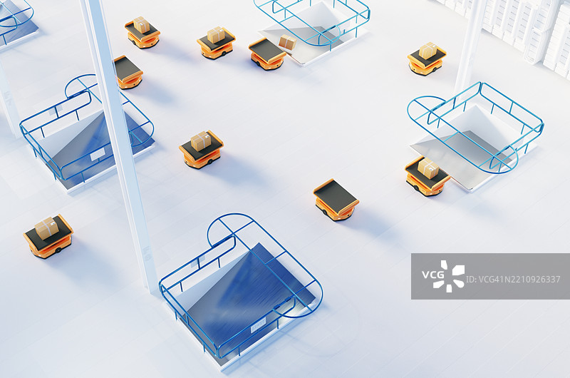 仓库中的自主机器人运输。仓库自动化AGV。图片素材