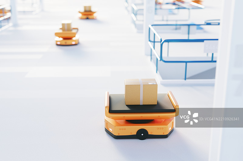 仓库中的自主机器人运输。仓库自动化AGV。图片素材