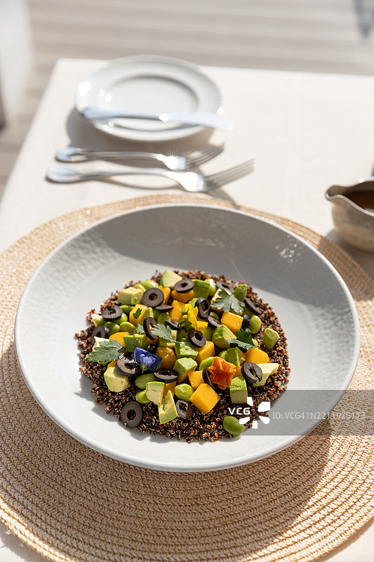 健康的素食藜麦沙拉，配有鳄梨、芒果和哈密瓜，盛放在奢华的马尔代夫水上度假村，适合养生假期。图片素材