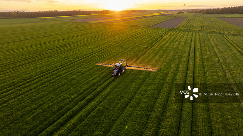 拖拉机在金色日落下为郁郁葱葱的农田施肥图片素材