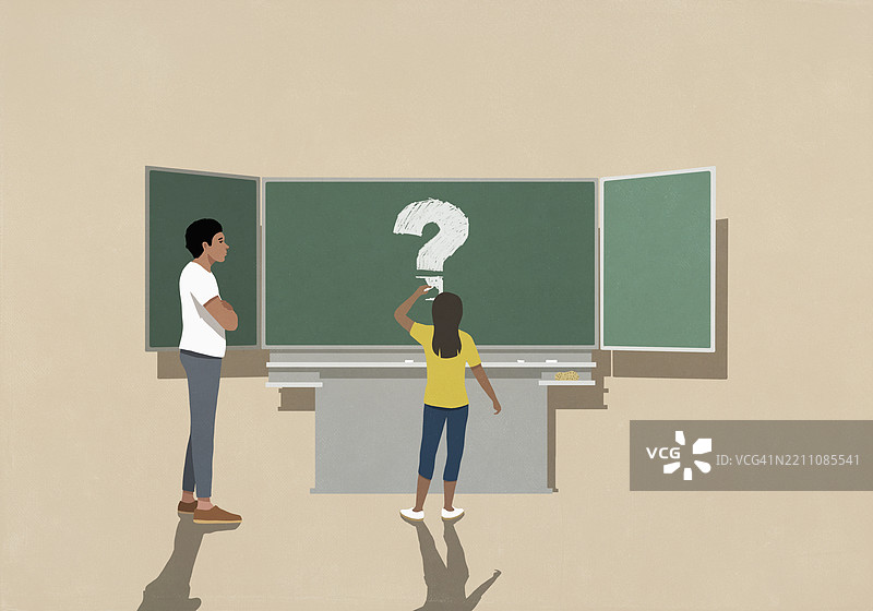 老师双臂交叉，注视着女学生在教室黑板上画一个大问号图片素材