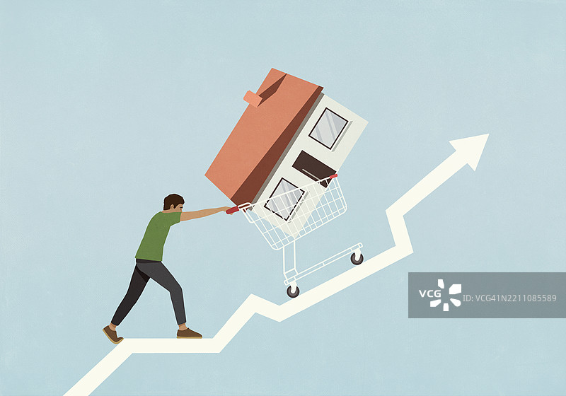 男人推着购物车里的房子沿着上升的箭头前进图片素材