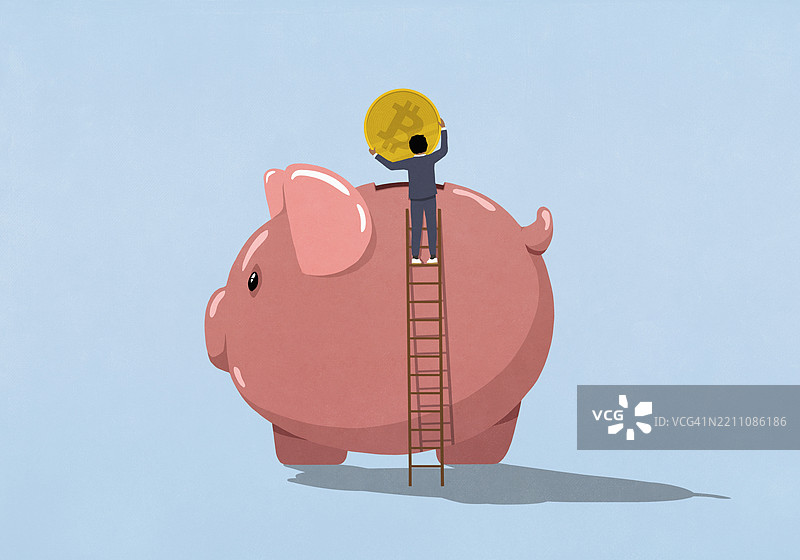 商人爬梯子将比特币存入大型储蓄罐图片素材