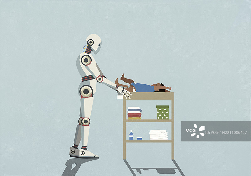 类人机器人在换尿布台上为婴儿换尿布图片素材