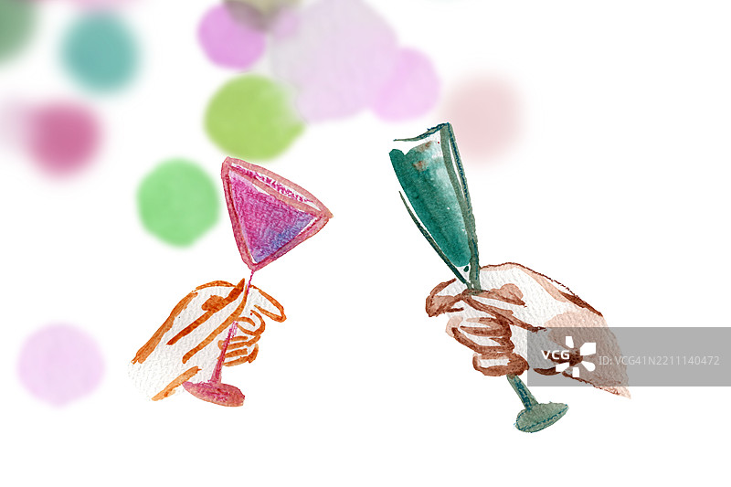 水彩插图：两只手在柔和的抽象背景上举杯祝酒，手中各持鸡尾酒杯。图片素材
