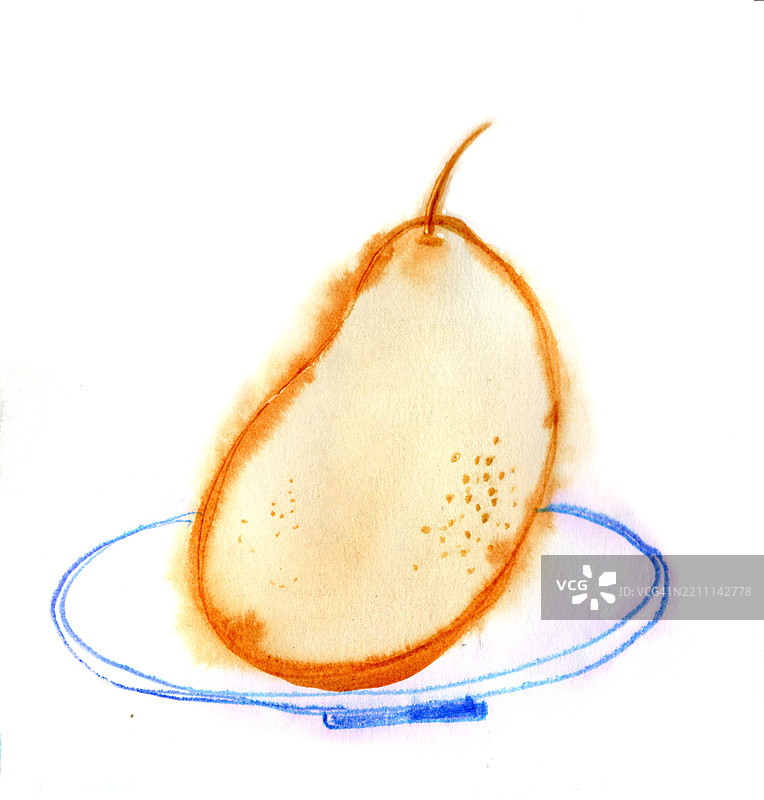 极简水彩插图：盘子上的黄色梨图片素材