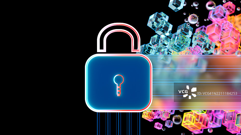 数字数据立方体背景上的锁标志，留有空白空间。网络安全 - 网络和数据保护。数据泄露概念。图片素材
