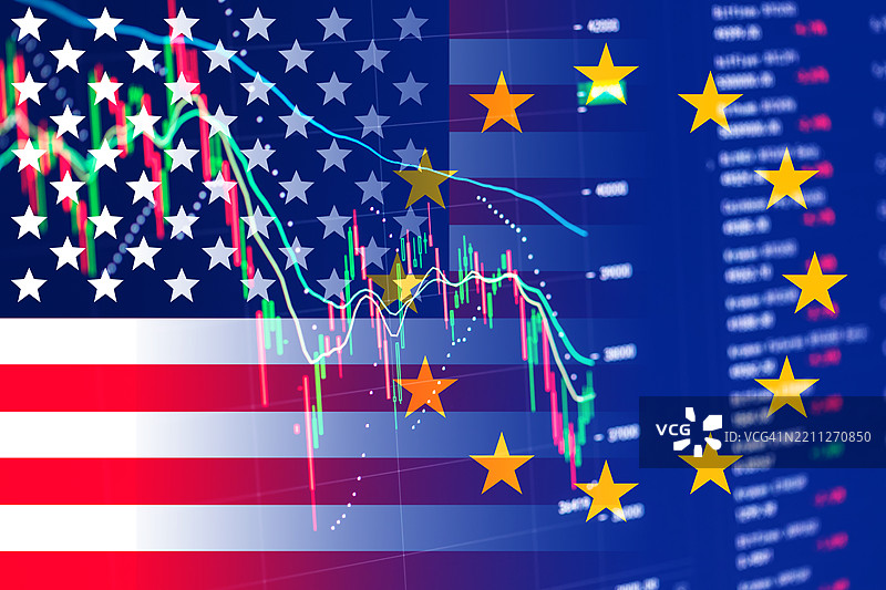 美国和欧盟国旗与经济数据背景图片素材