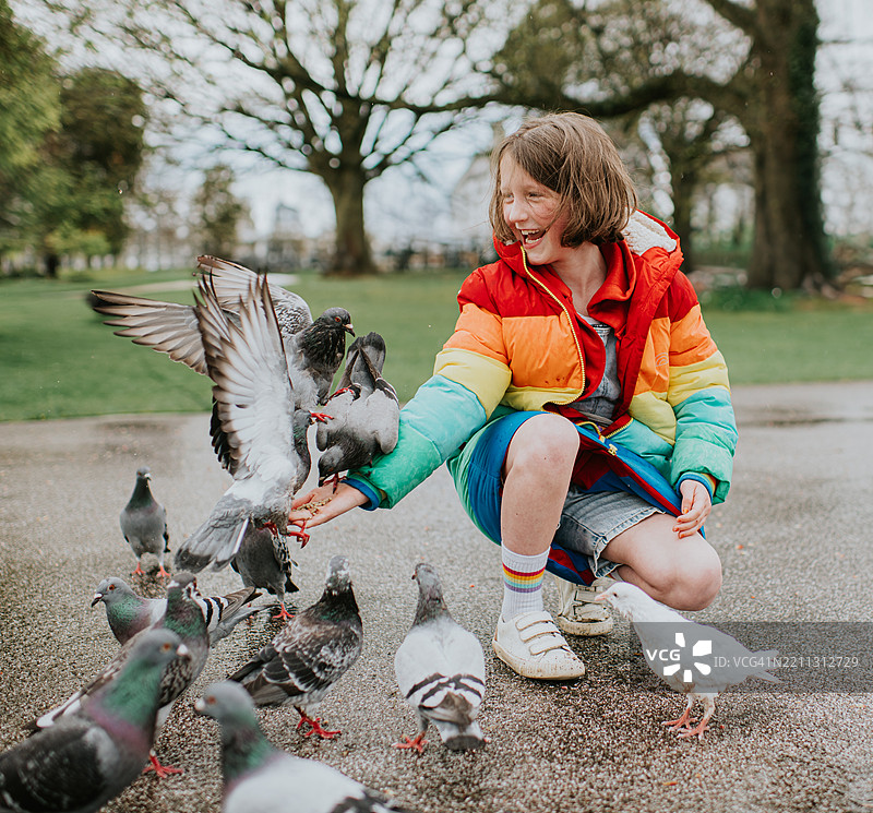 小孩在小路上，手喂驯化的鸽子图片素材