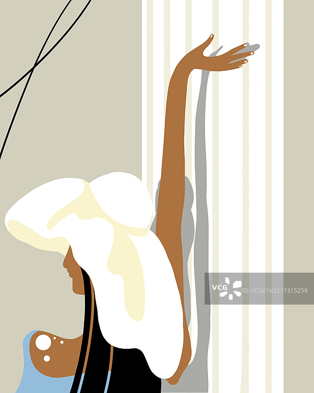 卡通风格的女人戴着大帽子，背对着观众，手举起。图片素材