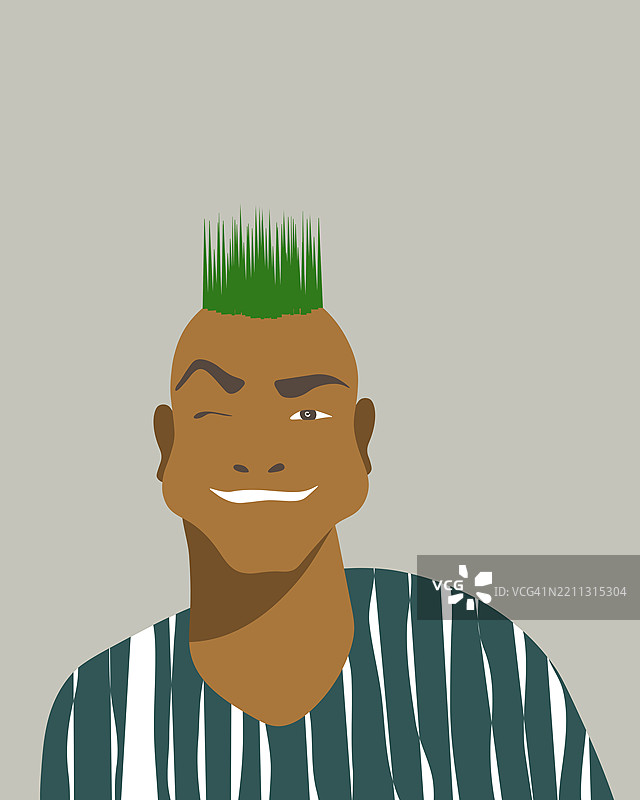 微笑的年轻人卡通插图，绿色草发和条纹衬衫图片素材