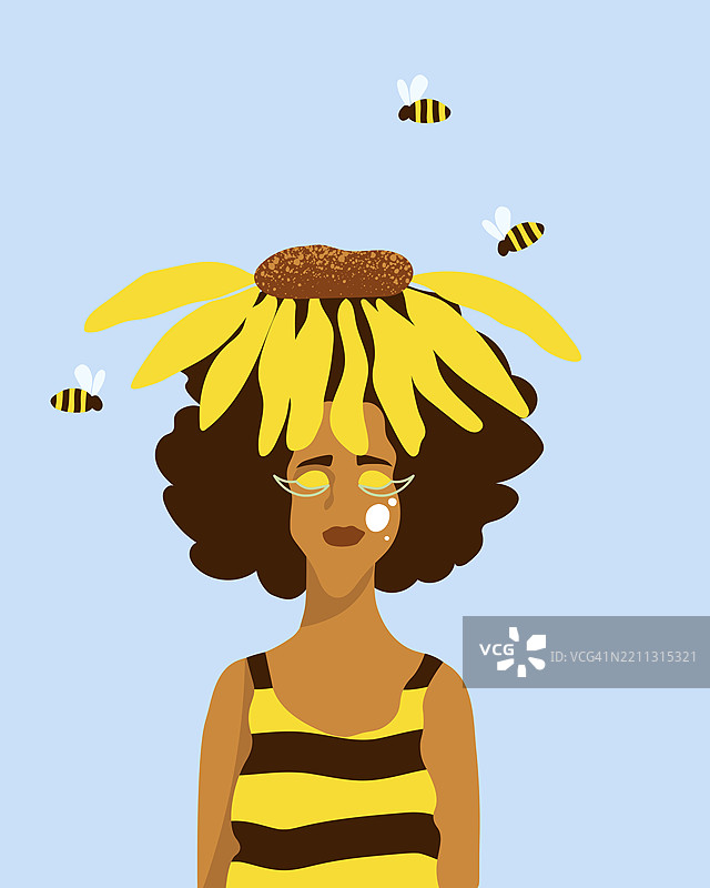 一位穿着黑黄条纹裙子的女性，头上戴着向日葵，周围飞舞着蜜蜂的插图图片素材