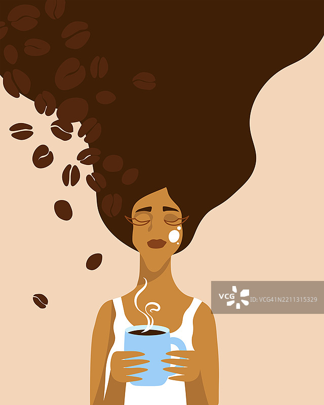 一位女性享受咖啡香气，头发中夹杂着咖啡豆的插图图片素材